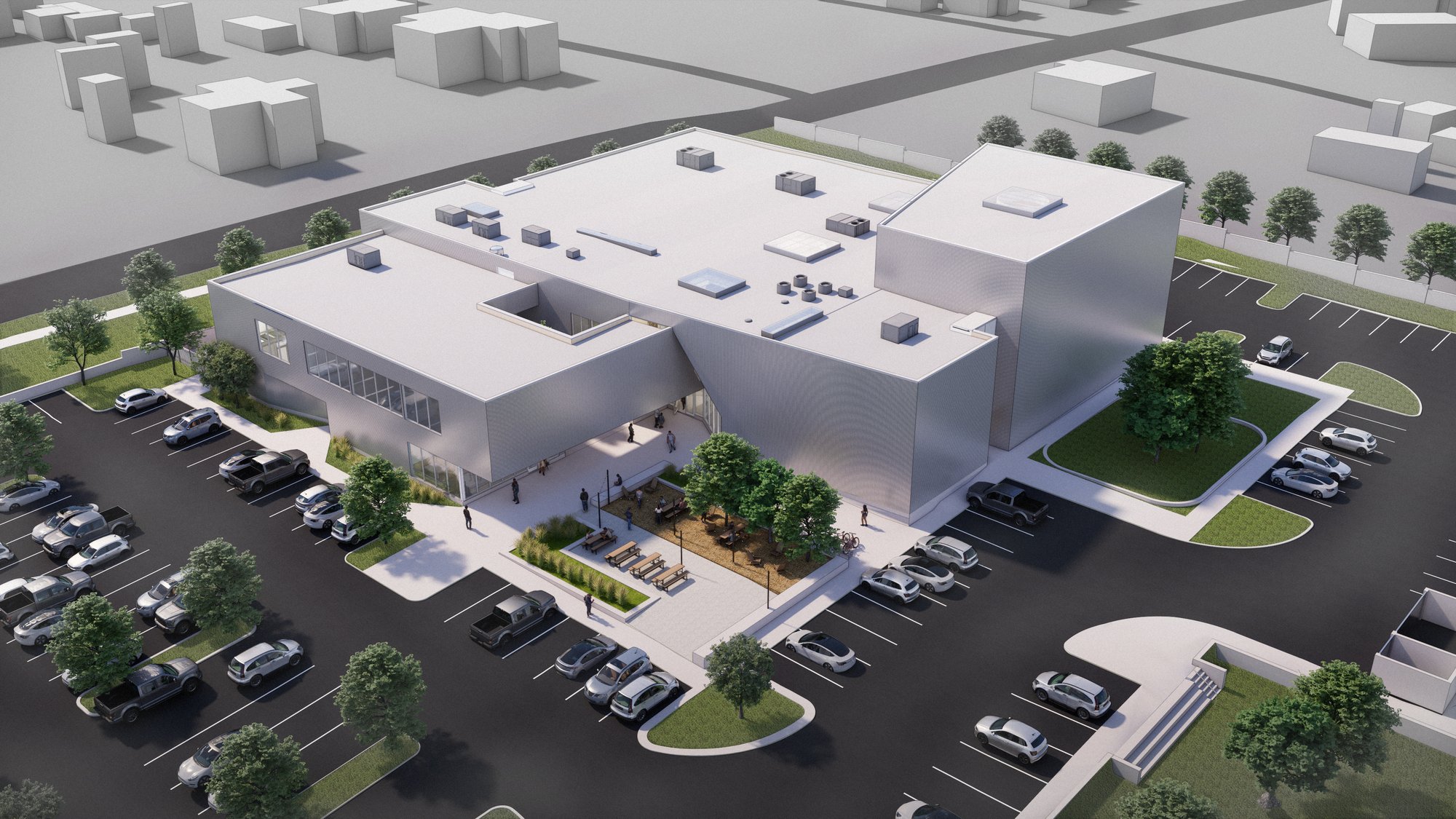 Aerial rendering of Crux South climbing gym showing the building's roof geometry and arrival plaza