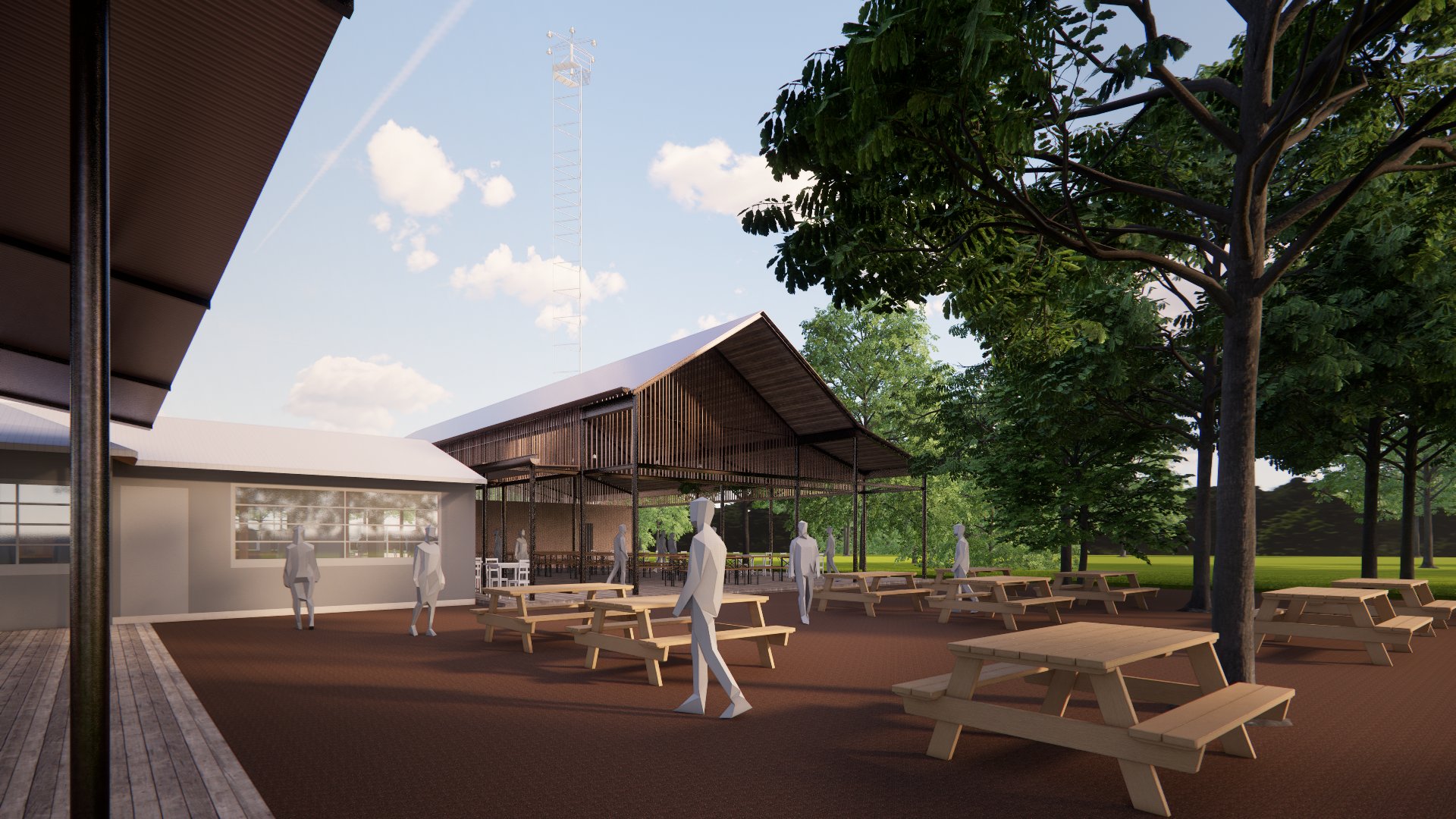 Rendering of the Moontower Saloon expansion showing the covered patio under existing trees